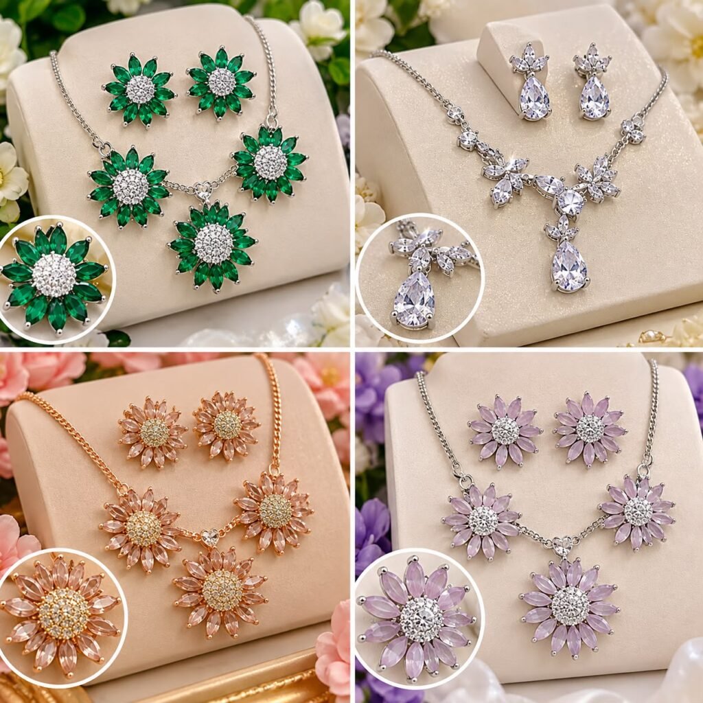Elegant Floral Crystal Necklace & Earrings Set