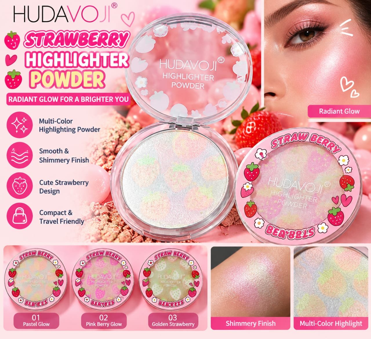 HUDAVOJI Strawberry Highlighter Powder – Pack of 3