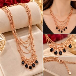 Rose Gold & Black Stone Necklace – Multi-Layer Fashion Jewellery