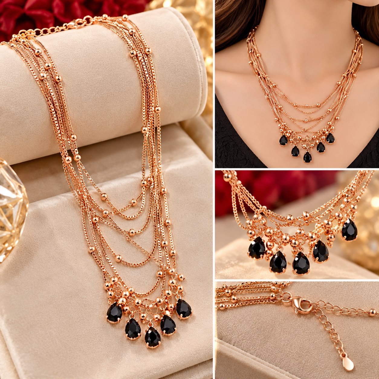 Rose Gold & Black Stone Necklace – Multi-Layer Fashion Jewellery