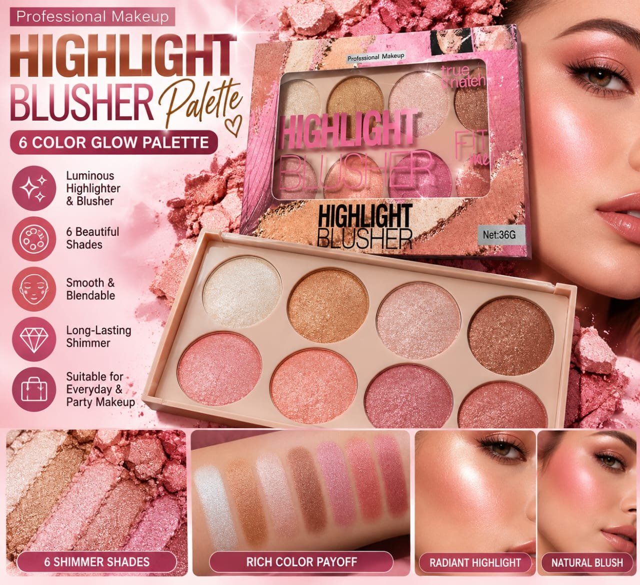 Professional Makeup 6-Color Highlighter Blusher Palette – 36g
