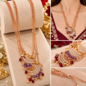 Rose Gold Multilayer Necklace – Crystal & Red-Purple Stone Jewellery
