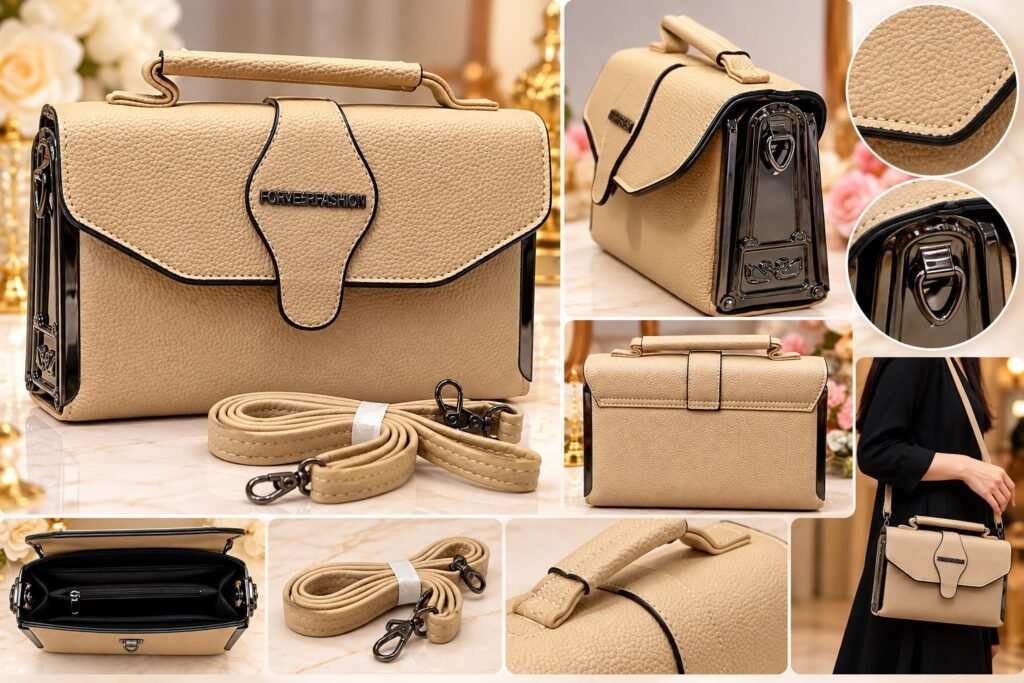 Elegant Women’s Handbag – Beige Textured Shoulder & Hand Bag