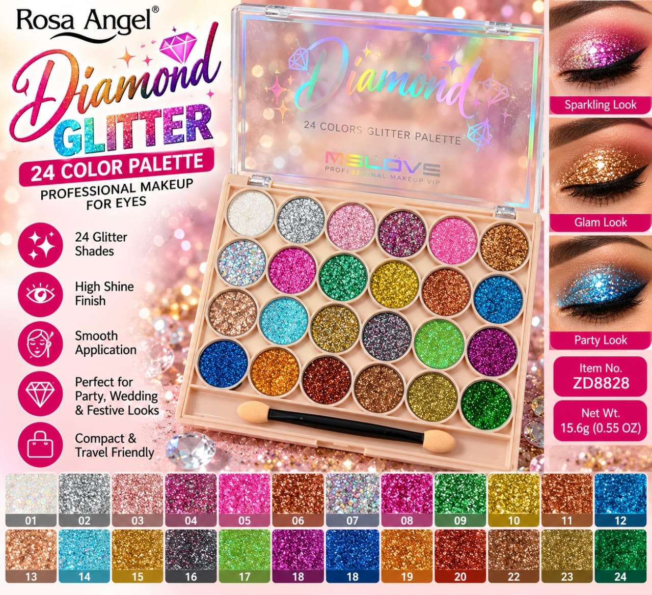 Rosa Angel 24-Color Diamond Glitter Eyeshadow Palette