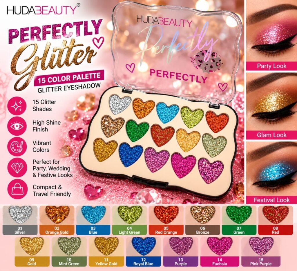 Perfectly Glitter Eyeshadow Palette β 15-Color Heart-Shaped Glitter Palette