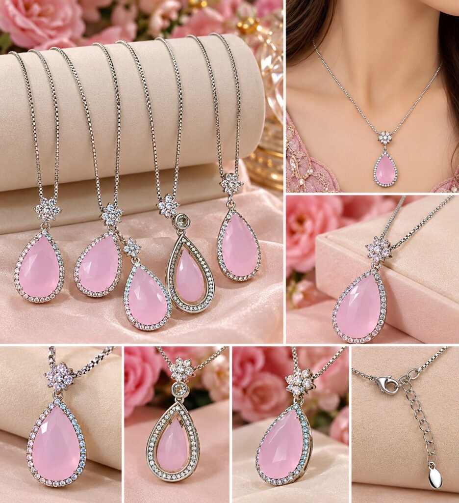 Elegant Pink Teardrop Necklace – Silver-Tone Crystal Pendant