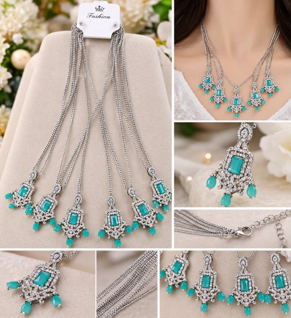 Elegant Turquoise & Silver Necklace Set – Sparkling Crystal Jewellery